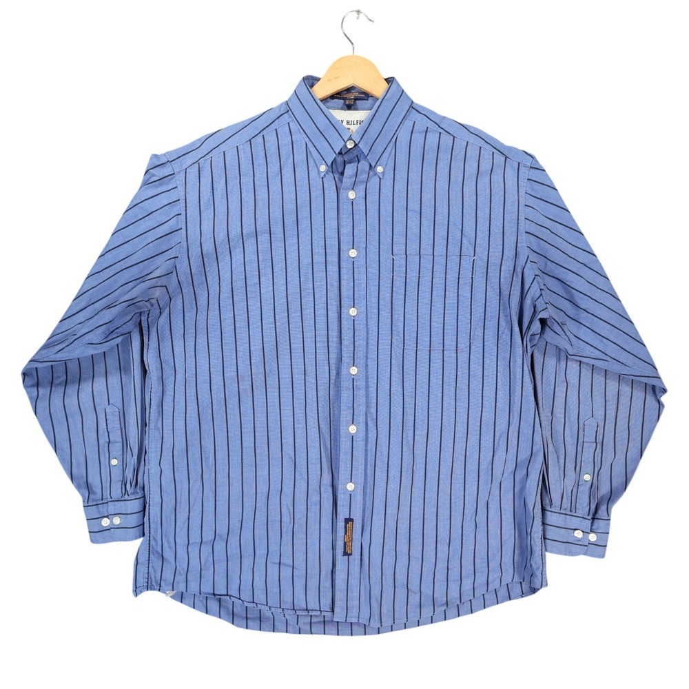 Tommy Hilfiger Button Down Mens 16.5 Blue Excellent Striped